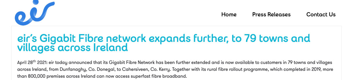 eir announces extension to Gigabit Fibre Network